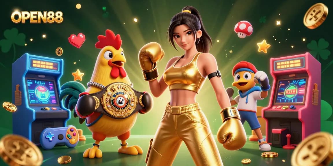 Experience thrilling games at OPEN88 with a powerful female character and a championship rooster in a vibrant, action-packed casino scene.