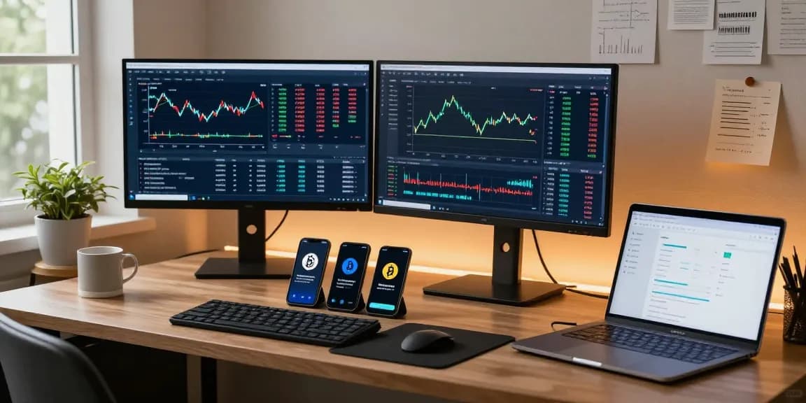 Playexch247 trading workspace with cryptocurrency charts, wallets, and DeFi dashboard in a modern home office.