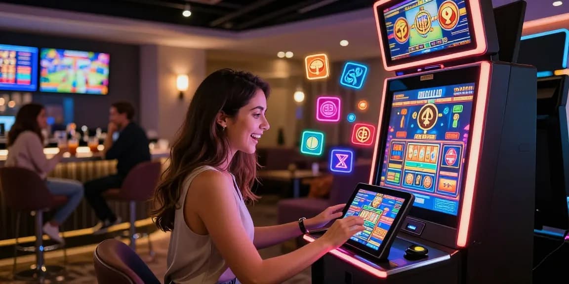 Excited player enjoying new uk slot sites on a tablet in a modern casino lounge.
