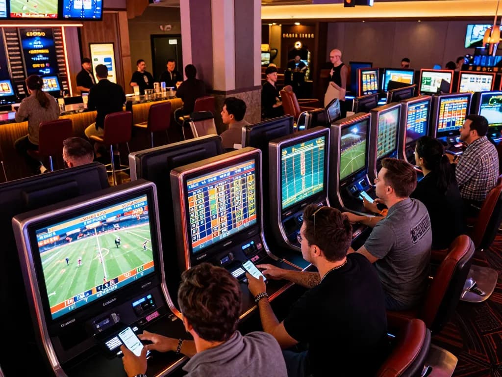 Excited bettors analyzing odds at sports betting area in RR88 casino, showcasing dynamic atmosphere and modern setup