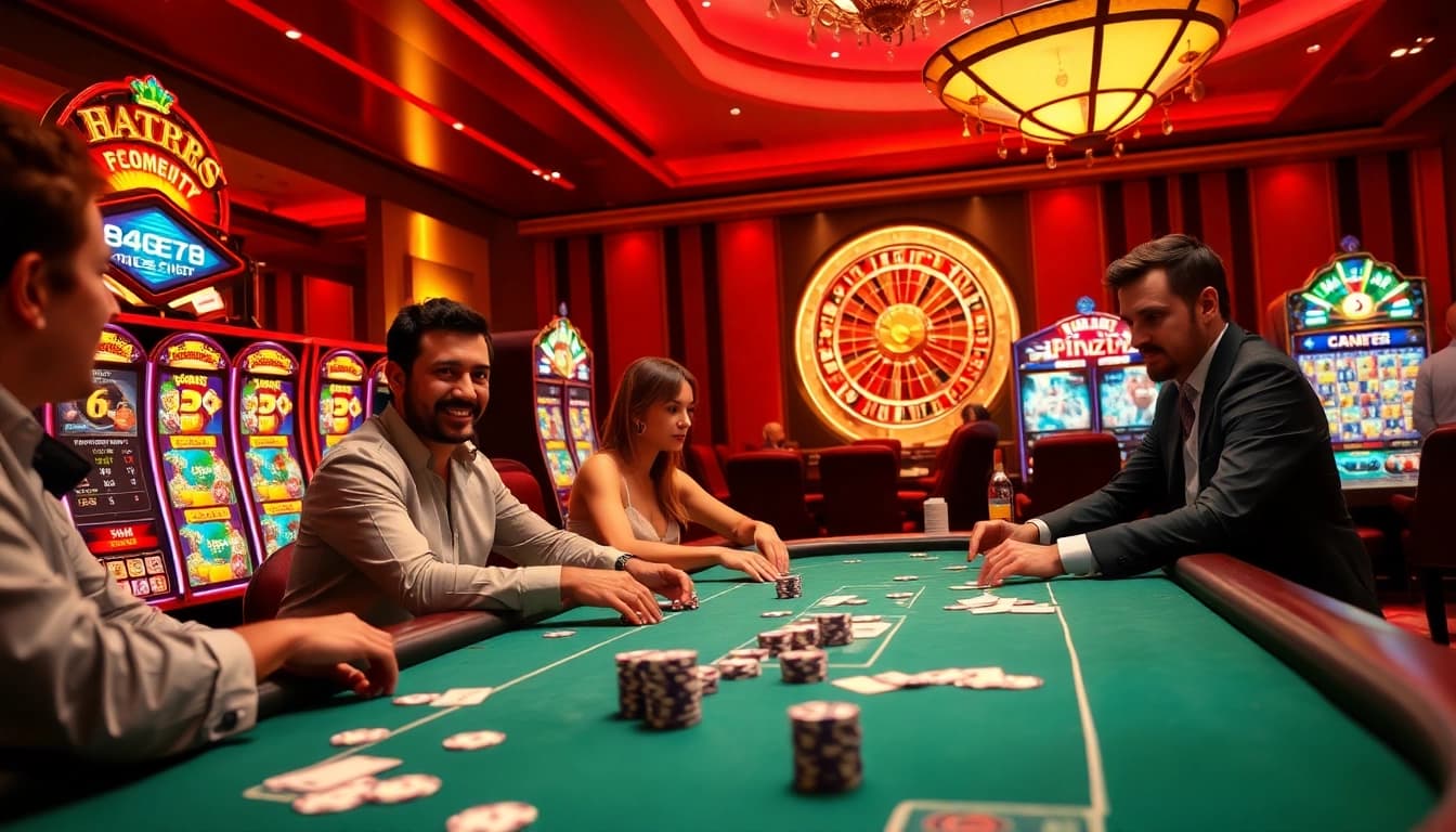 Engaged players at GG88 casino table, enjoying thrilling poker game amidst vibrant slot machines.