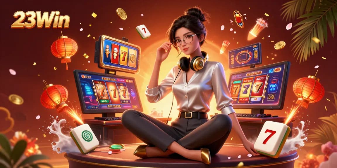Experience thrilling gameplay with 23Win's immersive casino illustration featuring dynamic slot reels and vibrant colors.