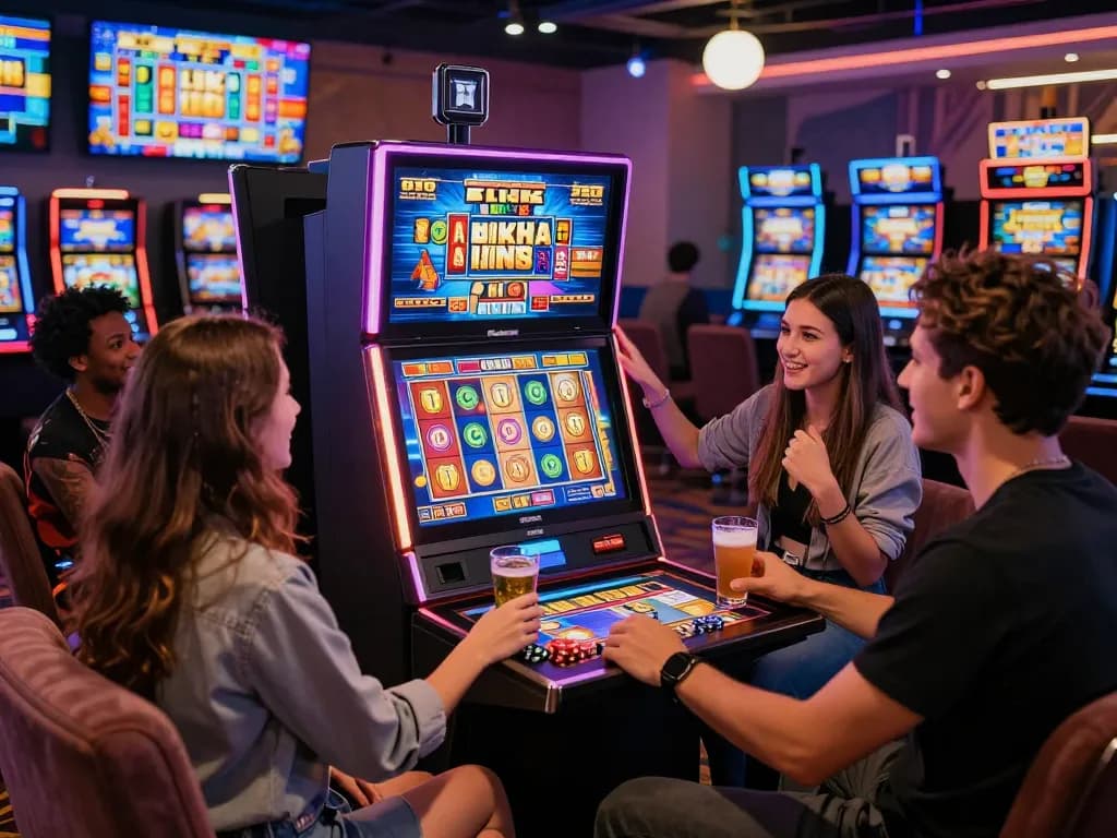 Sekelompok teman menikmati permainan link slot di kasino yang meriah.