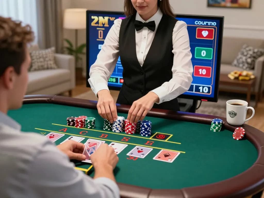 tr88 online gaming player engaged with live dealer blackjack in a cozy home setting