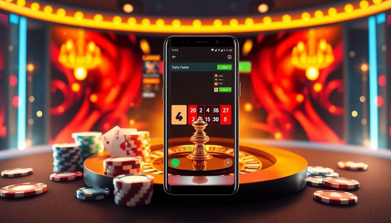 S8 app displayed on a luxurious smartphone amid a vibrant casino scene with poker chips and roulette.