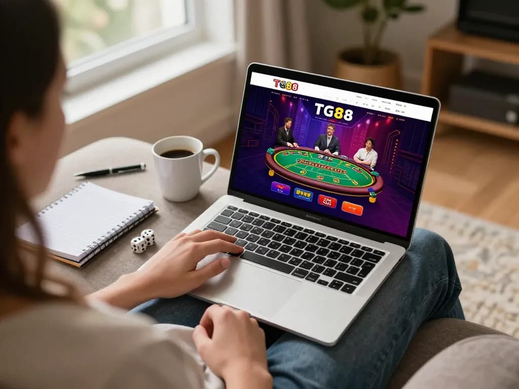 Tg88 link displayed on a laptop during an engaging online casino session, player focused on gameplay