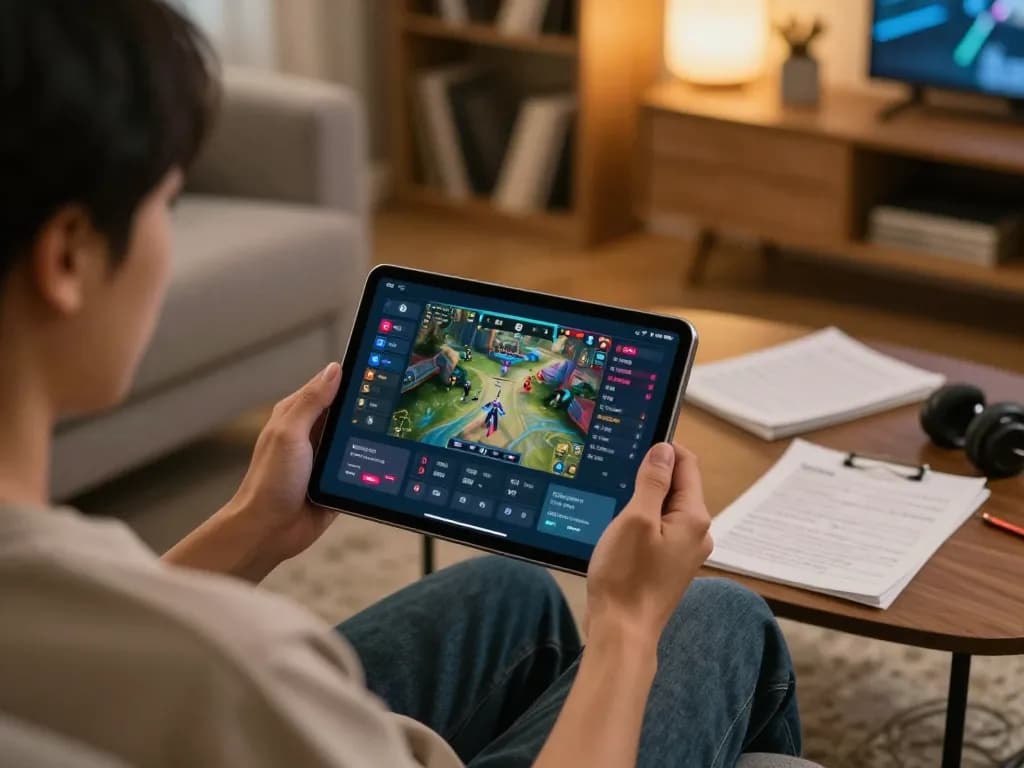 Person engaging in esport betting Singapore on tablet, showcasing a strategic home gaming atmosphere.