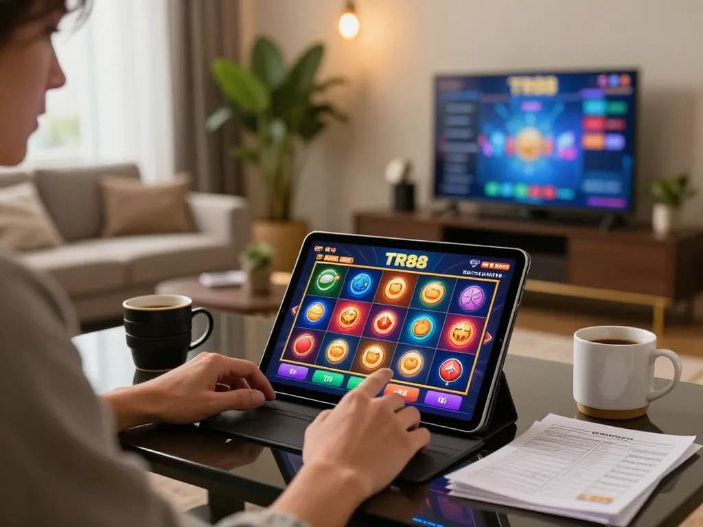 Engaging in TR88 online gaming on a tablet, showcasing a cozy home entertainment setup with vibrant slots displayed