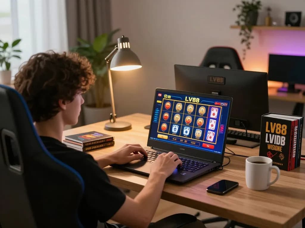 Engaging in online gaming with LV88 on a laptop in a cozy, well-decorated room.