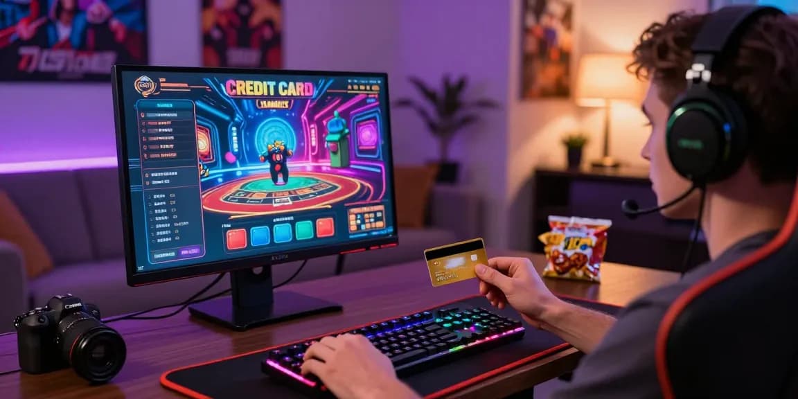 Player enjoying credit card casinos online with gaming setup, colorful casino interface.
