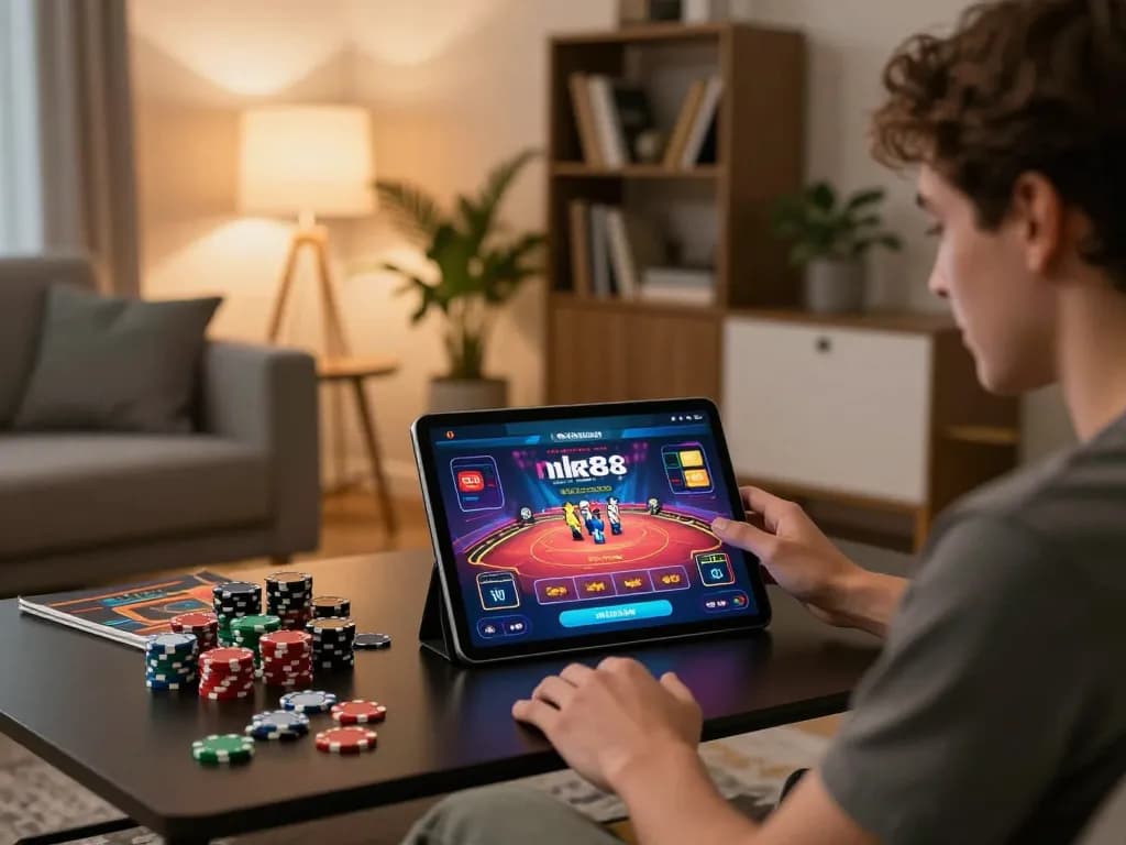 Engaged user strategizing for nk88 win on a tablet in a cozy gambling setup.