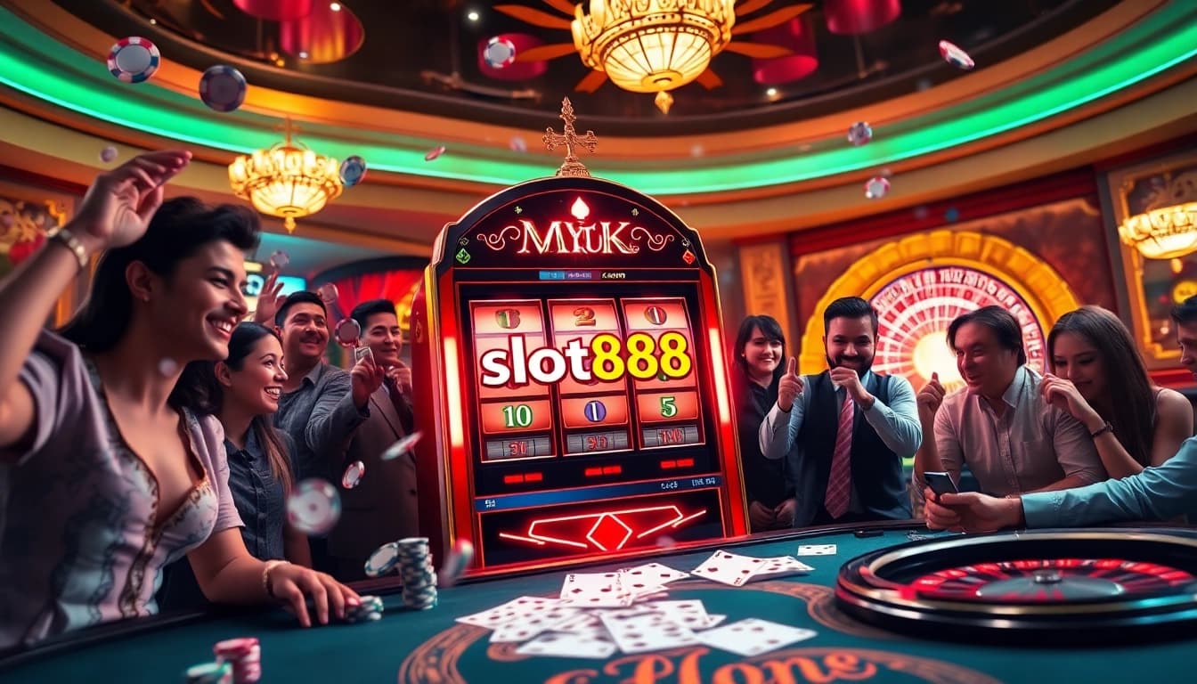 Players enjoying the thrill of slot888 at a luxurious casino with vibrant graphics and exciting gaming action.