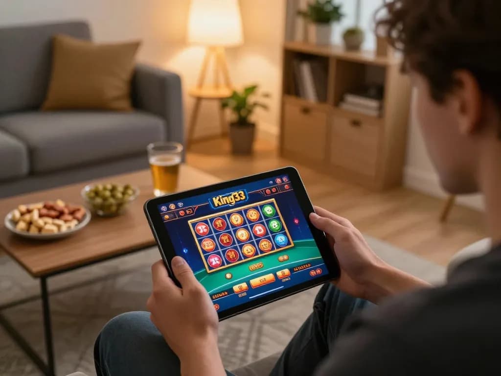 Engaged player at King33 online casino with tablet, focusing on gaming strategy during a cozy evening.