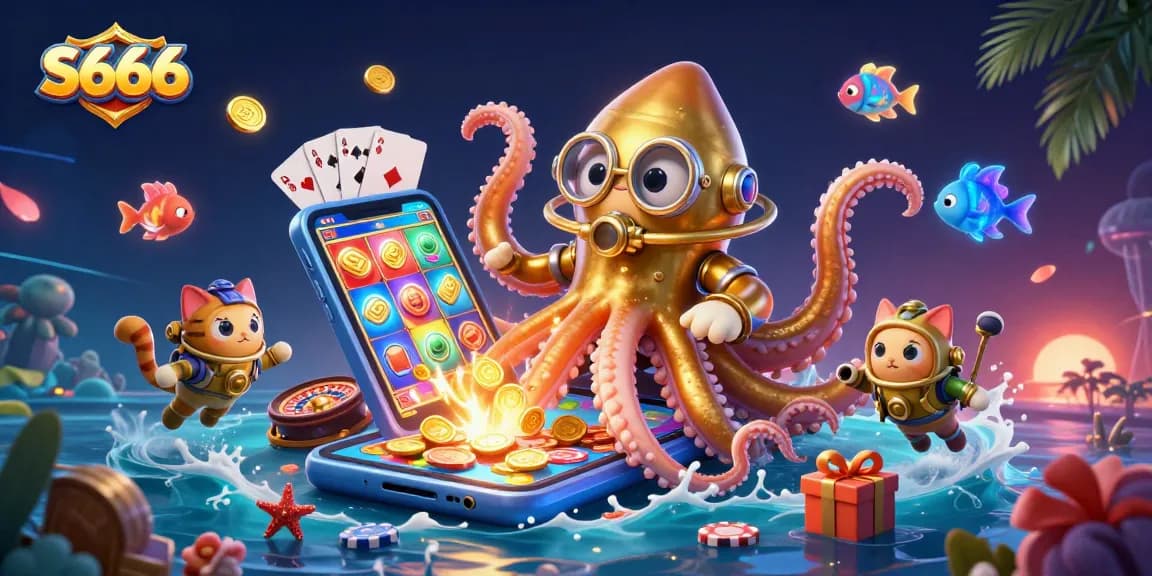 Win big at S666 with an immersive ocean-themed casino adventure featuring a kraken and diving cat.