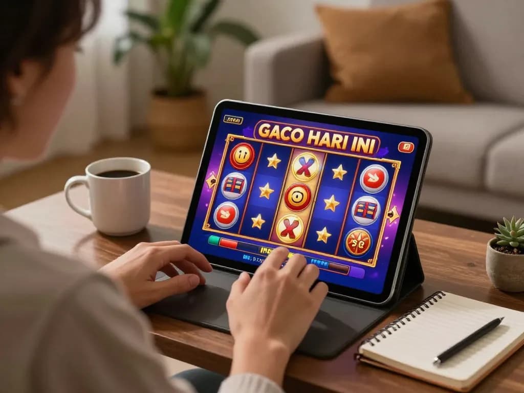 Momen menarik dari permainan online dengan slot gacor hari ini ditampilkan di tablet sambil menikmati suasana rumah yang nyaman.