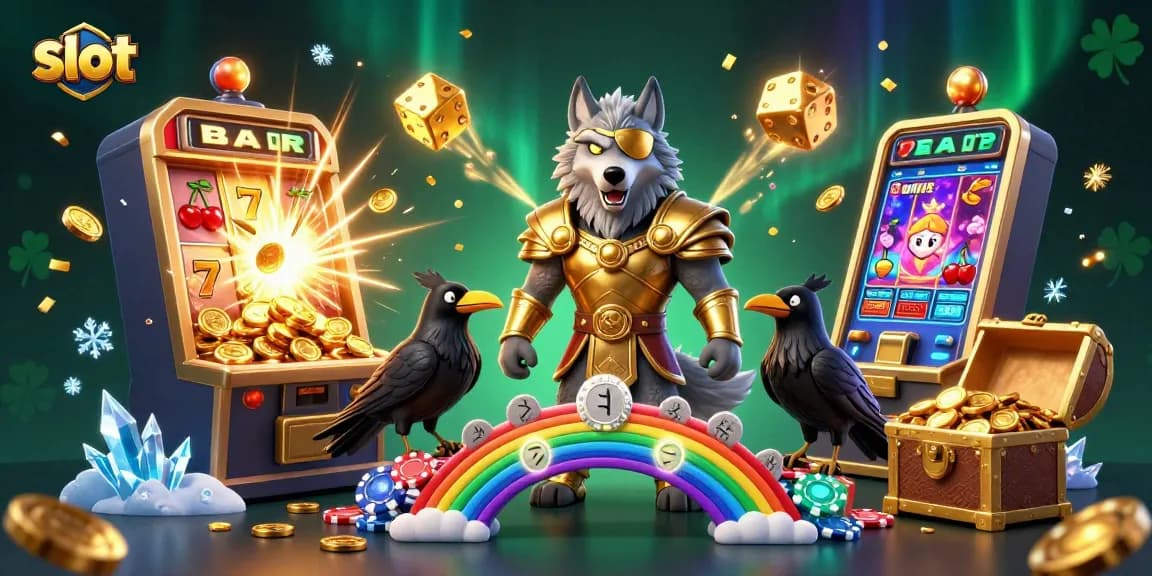 Experience thrilling slot action with Odin and ravens amidst a jackpot explosion and casino elements.