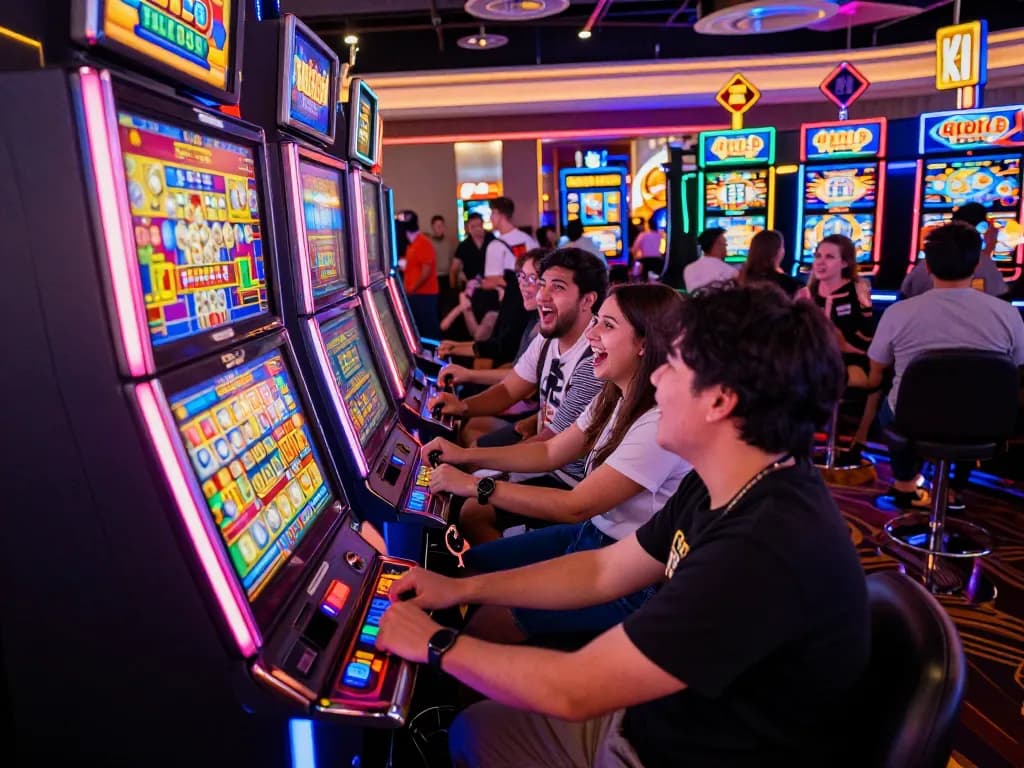 Mega888 players winning on colorful slot machines in a vibrant casino atmosphere.