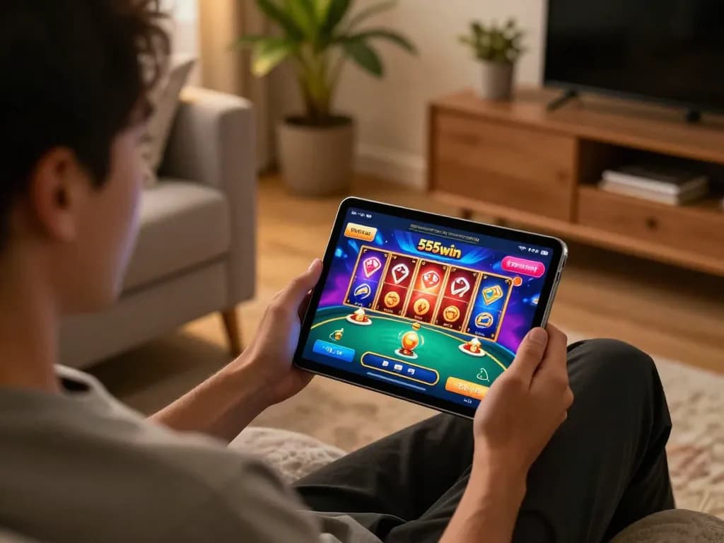 Player enjoying casino games on 555win app in a cozy home setting, engaging with vibrant graphics.
