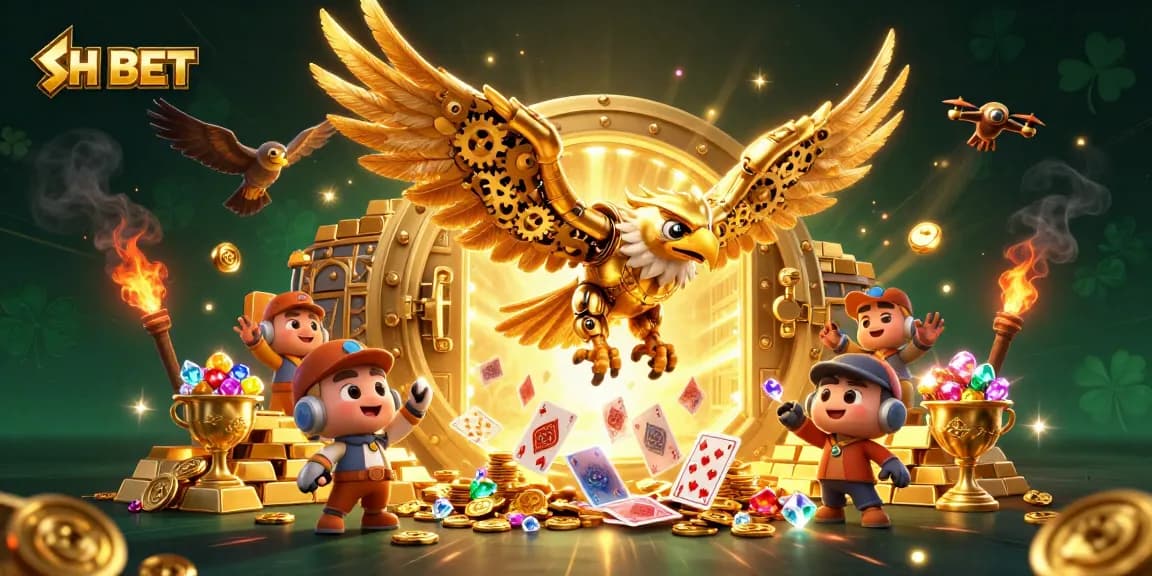 Experience thrilling gameplay with SH BET, featuring a dynamic 3D golden eagle mascot amidst casino elements.