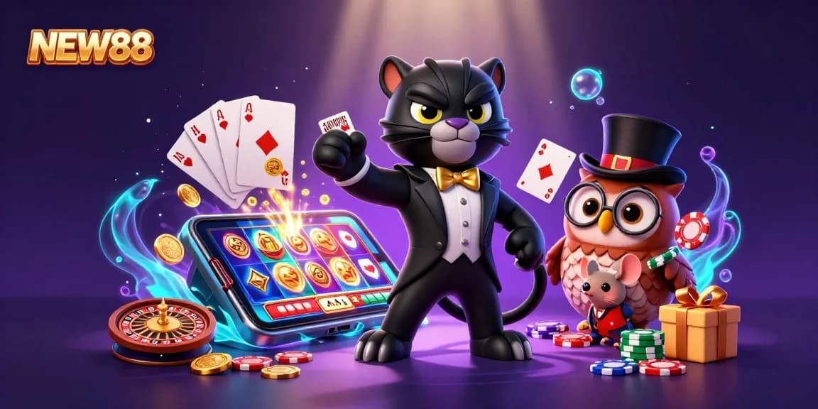 Experience the vibrant excitement of NEW88 with a dynamic casino scene featuring playful characters, detailed gaming elements, and a magical atmosphere.