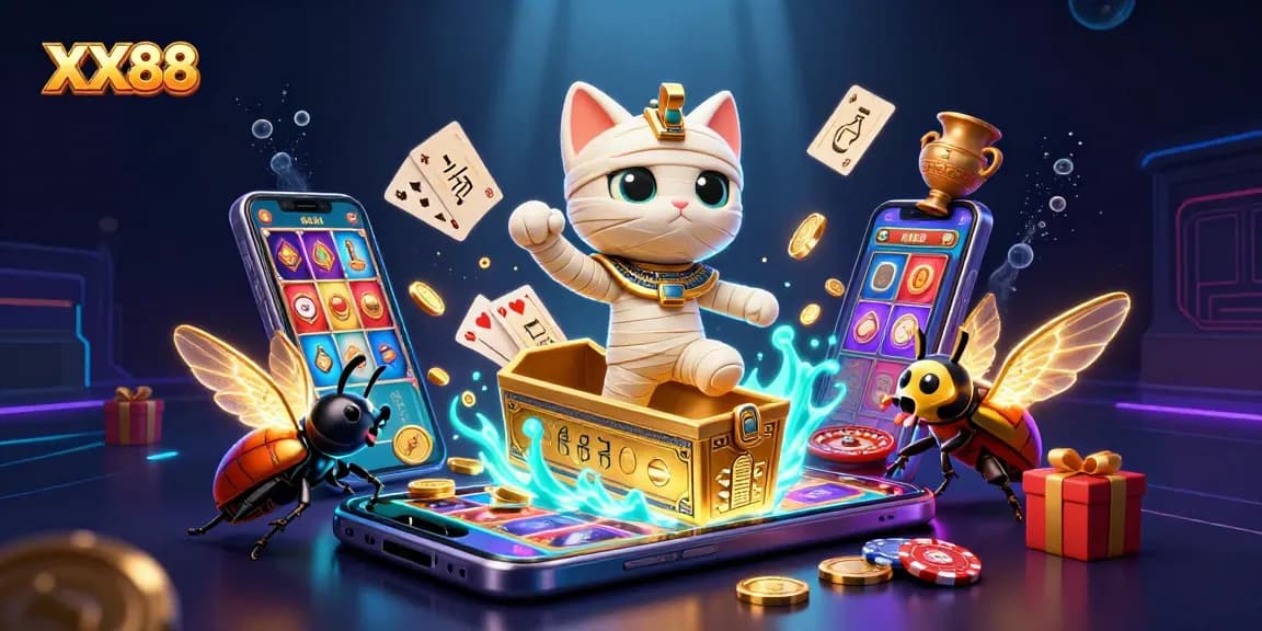 Experience the thrilling XX88 casino adventure with an Egyptian mummy cat and glowing scarab.