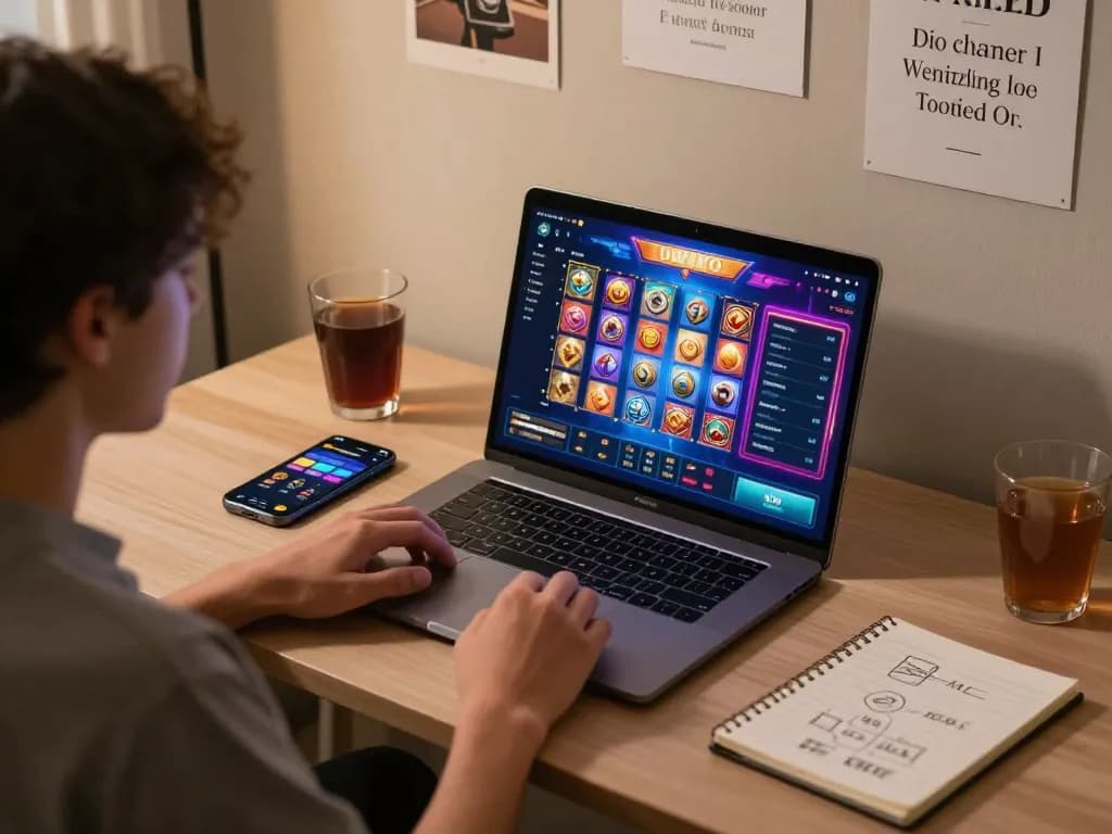 Pemain yang terlibat dalam permainan toto slot yang mendebarkan di laptop, grafik berwarna-warni terlihat di layar dalam pengaturan yang nyaman.