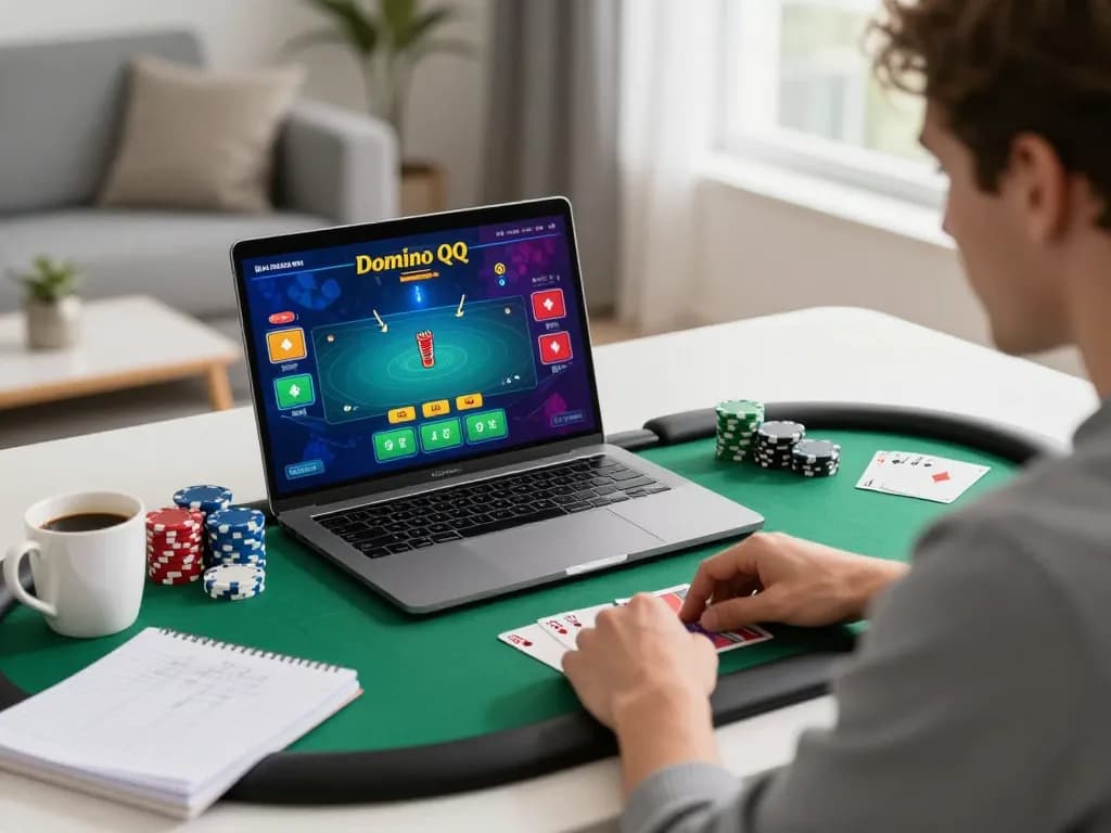 Engaged player enjoying Poker Online Domino QQ from home, showcasing a vibrant gaming interface with thoughtful strategy notes.