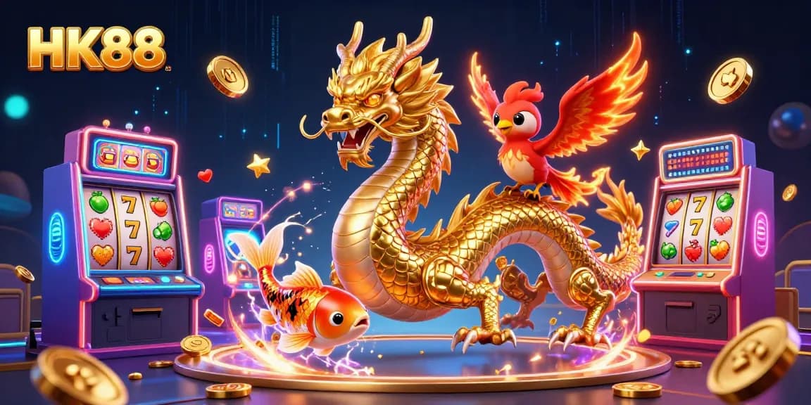 Experience thrilling wins at HK88 with a fierce dragon, phoenix, and koi fish amidst slot reels and gold coins.