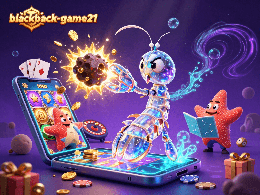 Experience thrilling action in blackjack-game21 with galactic characters amidst exploding gems and vibrant casino elements.