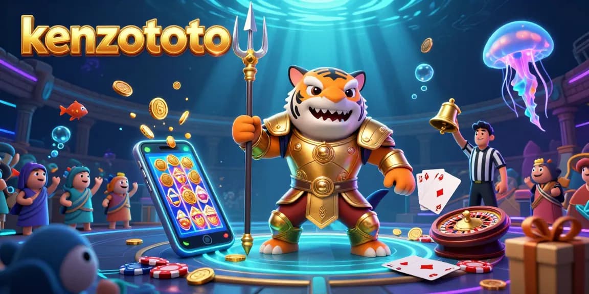 Kenzototo propels excitement with a vibrant underwater casino scene featuring slot games and gold coins.