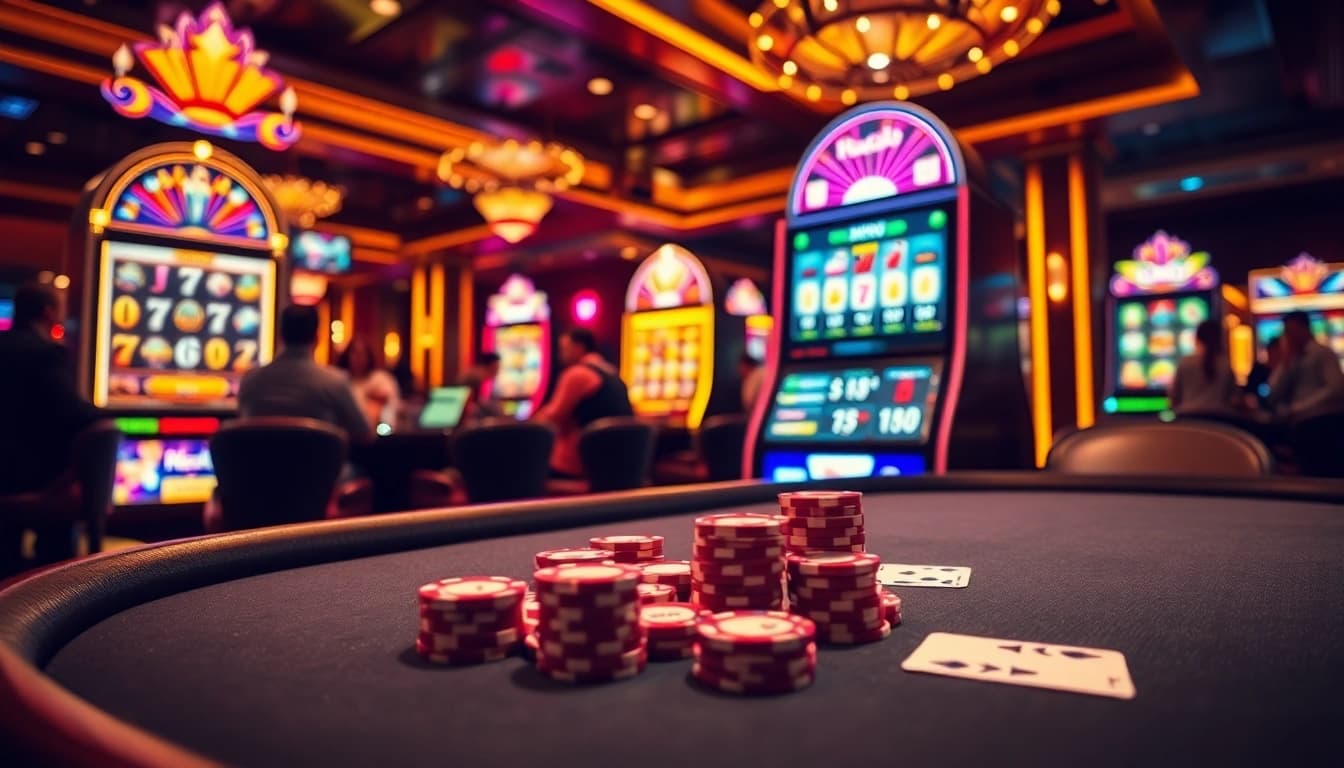 Hitclub đổi thưởng players enjoying a vibrant casino atmosphere at a stylish poker table.