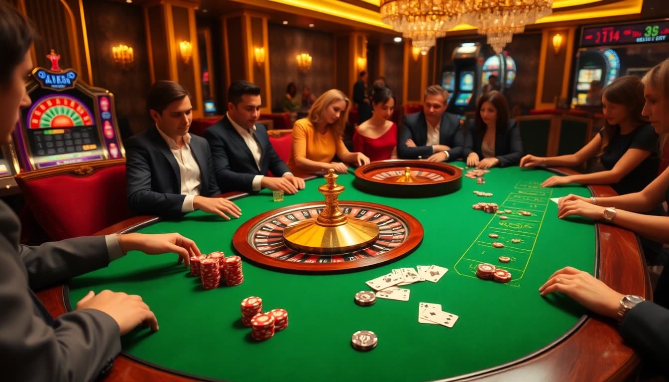 Gambling action at https://mb66-t.com/ with players enjoying roulette and poker in a luxe casino setting.