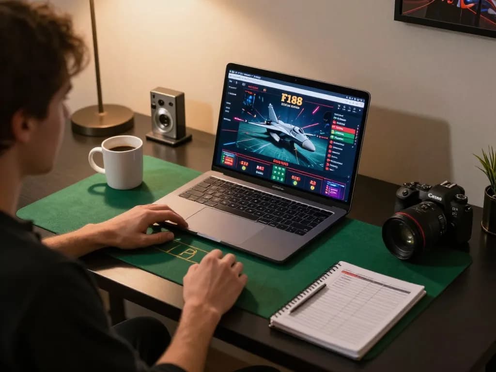 The person using F168 online casino interface while organizing bankroll notes at a stylish desk.
