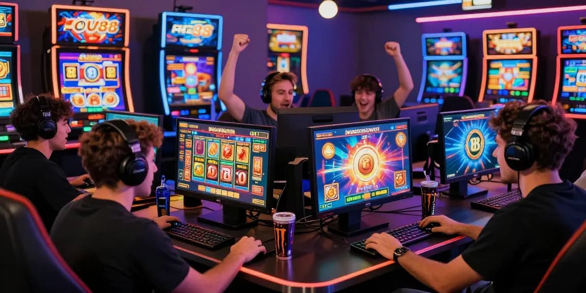 Permainan slot88 online yang mendebarkan dengan pemain bersenang-senang dan grafik mesin slot yang berwarna-warni.