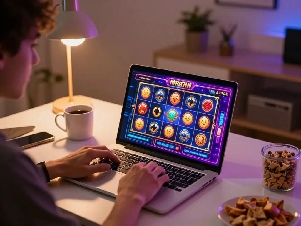 Engaging in slot online game from home, showcasing vibrant gameplay and cozy atmosphere