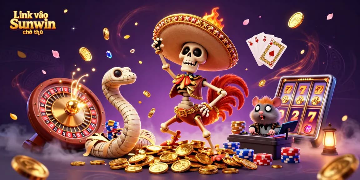 Engage with exciting 3D casino imagery featuring Link vào Sunwin chính thức, a vibrant rooster celebrating amidst coins and cards.