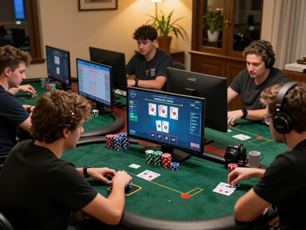 Players engaged in an online poker session, showcasing strategies at home with FC88 atmosphere.