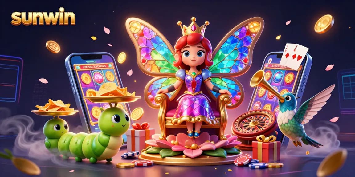 Experience immersive gaming with sunwin, featuring a vibrant scene with butterfly queen and 3D casino elements.