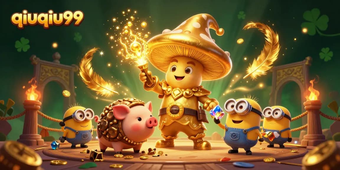 Experience thrilling action with qiuqiu99's magical golden mushroom wizard and treasures in a vibrant casino scene.