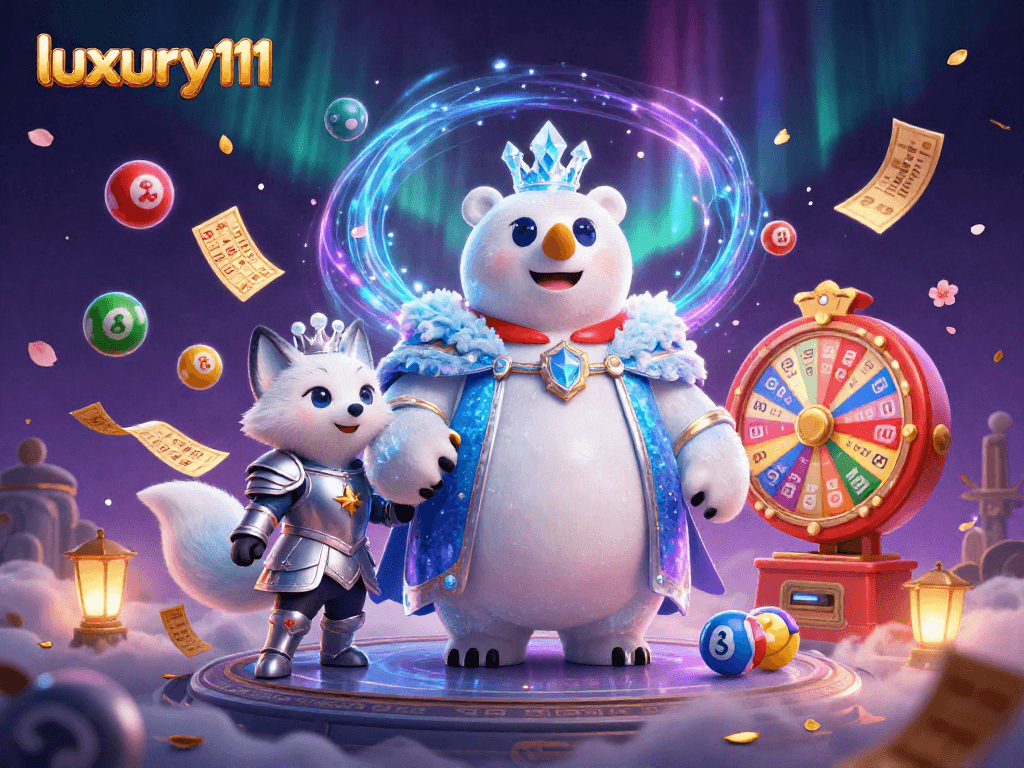 Experience luxury111 with vibrant lottery elements and 3D characters in a dynamic casino scene.