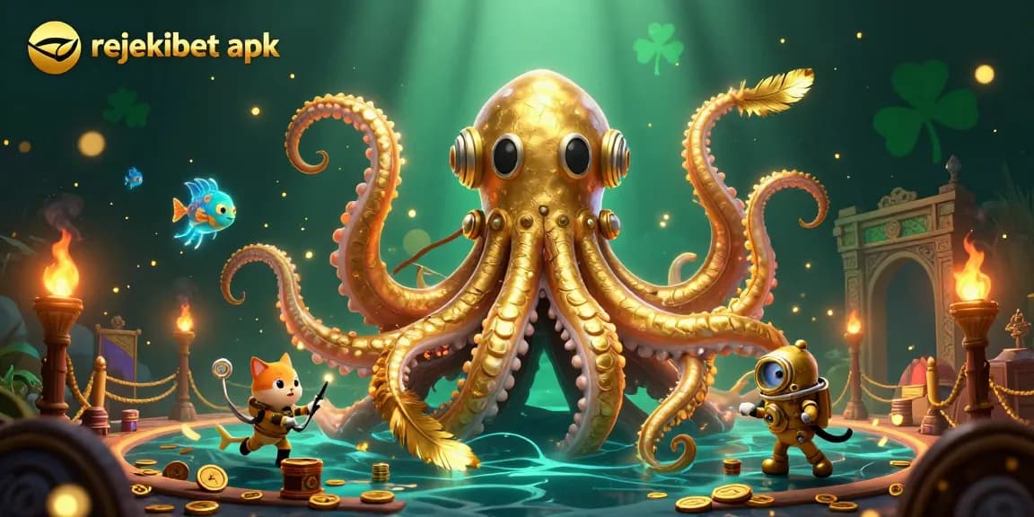 Experience the thrill of rejekibet apk in a vibrant casino-themed illustration with a magical kraken.