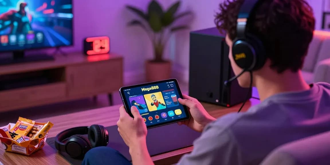 User enjoying Mega888 Apk gameplay on smartphone in modern living room, surrounded by gaming gear.