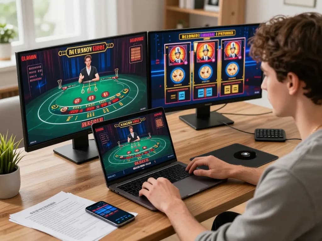 Individual enjoying online gambling on kkwin with a welcoming home setup, laptop displaying live casino games.