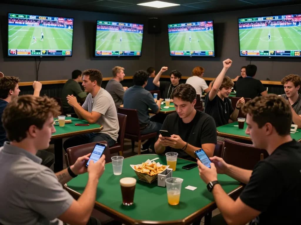 View of enthusiastic bettors engaging with 789bet sports betting app in a lively bar atmosphere.