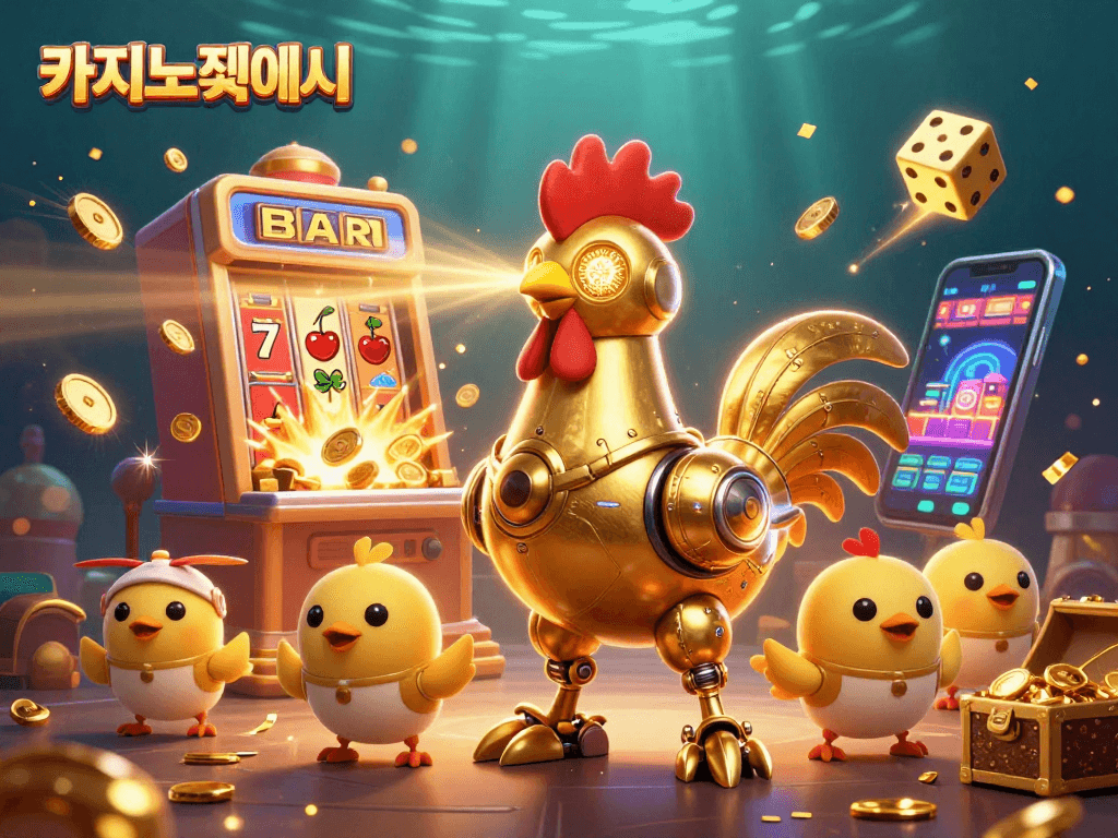 카지노사이트에서 황금색 로봇과 아기 병아리 드론이 움직이며 슬롯 머신의 잭팟을 쏟아낸다.