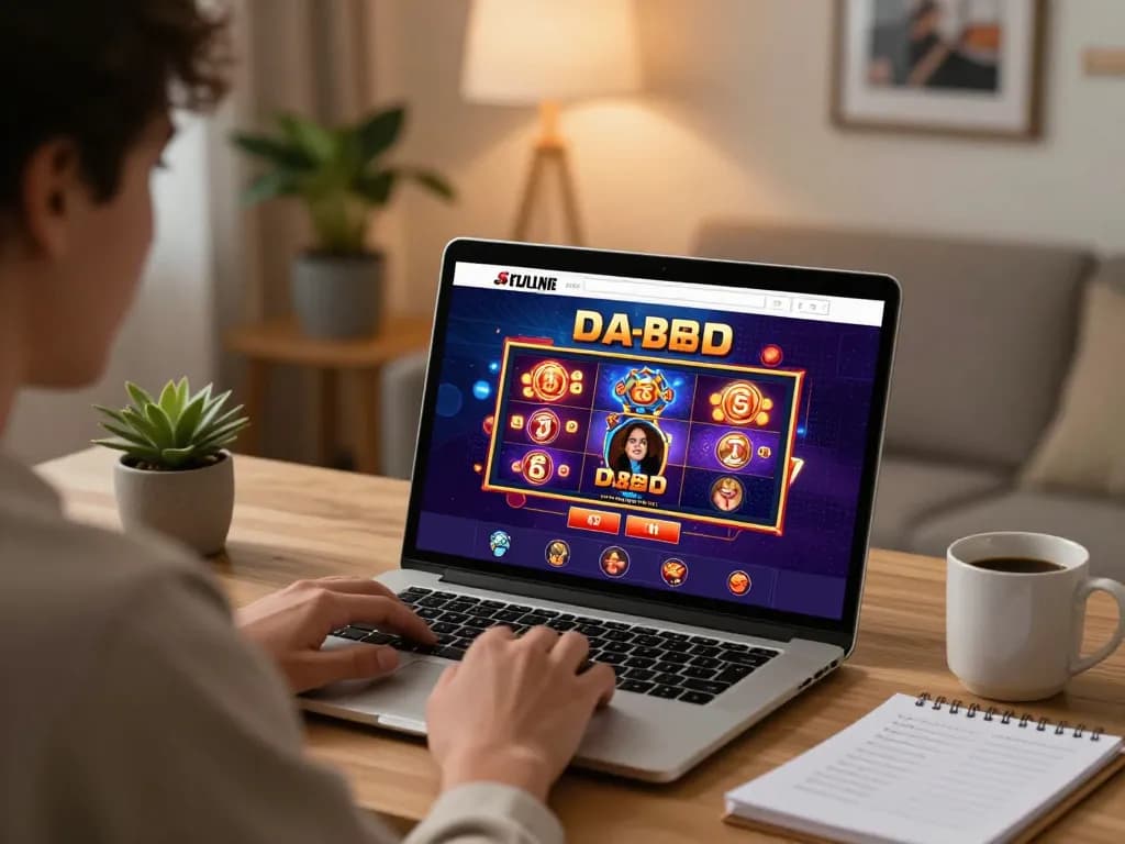 Pemain menikmati permainan online yang mendebarkan di UXPLORA, dikelilingi oleh dekorasi rumah yang nyaman dan buku catatan strategis.