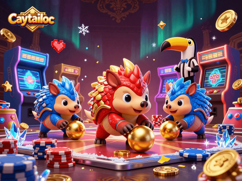 Caytailoc showcases rival pangolins bowling chips in a vibrant 3D casino setting.