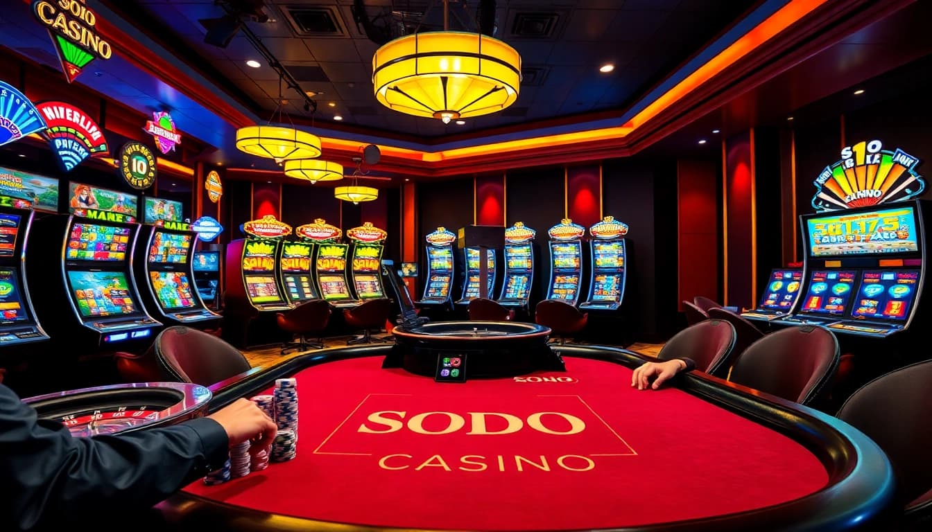 SODO CASINO features a thrilling poker game surrounded by vibrant slot machines and colorful chips.