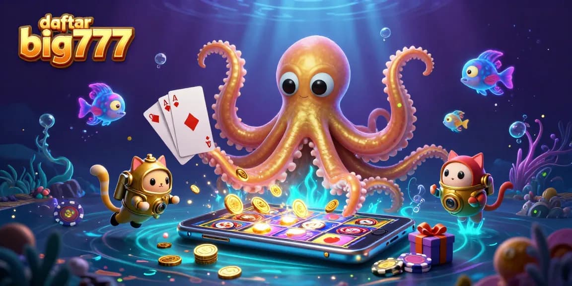 Experience daftar big777 with an exciting 3D scene showcasing a kraken, diving cat, and gaming elements.