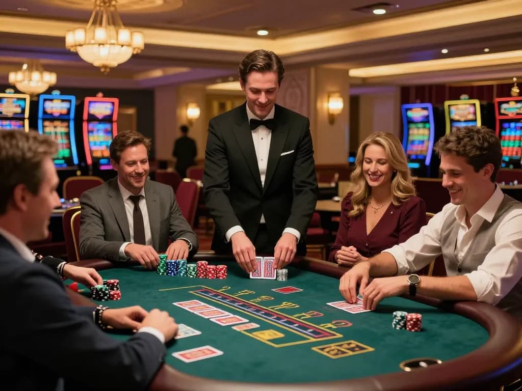 Players enjoying blackjack at a luxury casino table, tg88, celebrating wins.